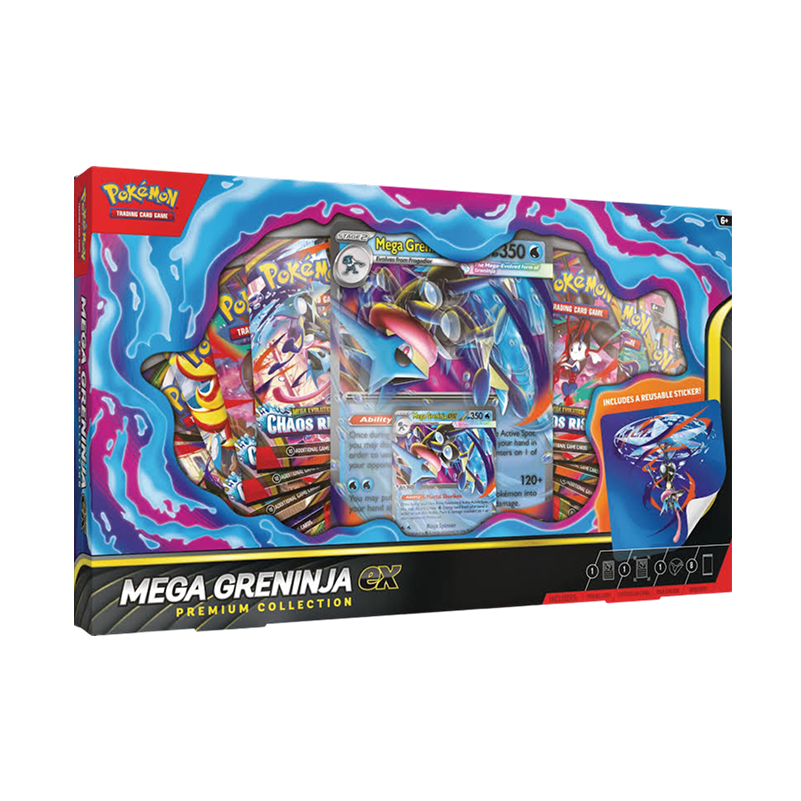 Pokémon MEGA GRENJINJA GX Premium Collection trading card box, featuring a colorful illustrated design with Pokémon characters and card previews.