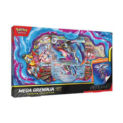 Pokémon MEGA GRENJINJA GX Premium Collection trading card box, featuring a colorful illustrated design with Pokémon characters and card previews.