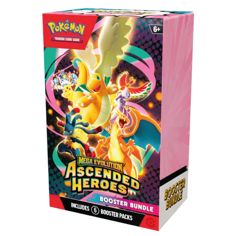 Pokémon TCG Mega Evolution Ascended Heroes Booster Bundle · Sealed box featuring Dragonite, Ho-Oh, Mewtwo, Lucario and Charizard artwork · 6 booster packs