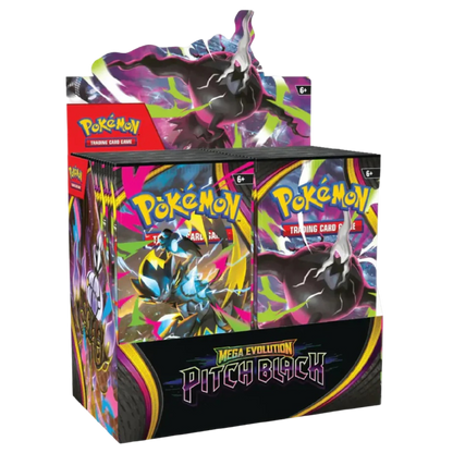 A Pokémon Mega Evolution Pitch Black trading card display box with multiple booster packs visible inside