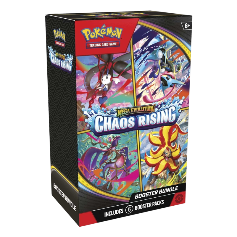 Pokémon TCG Mega Evolution Chaos Rising Booster Bundle · Sealed box featuring Mega Floette ex, Mega Greninja ex, Mega Pyroar ex and Mega Dragalge ex · 6 packs