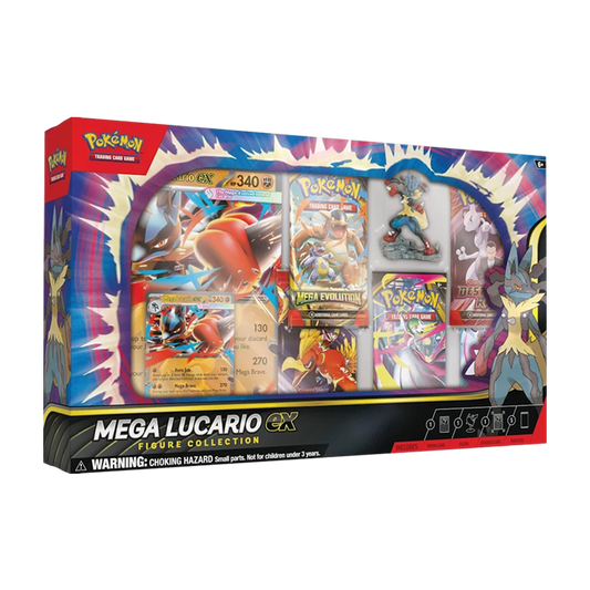 Pokémon TCG: Mega Lucario ex Figure Collection - front of box showing promo cards, Mega Lucario figure and booster packs