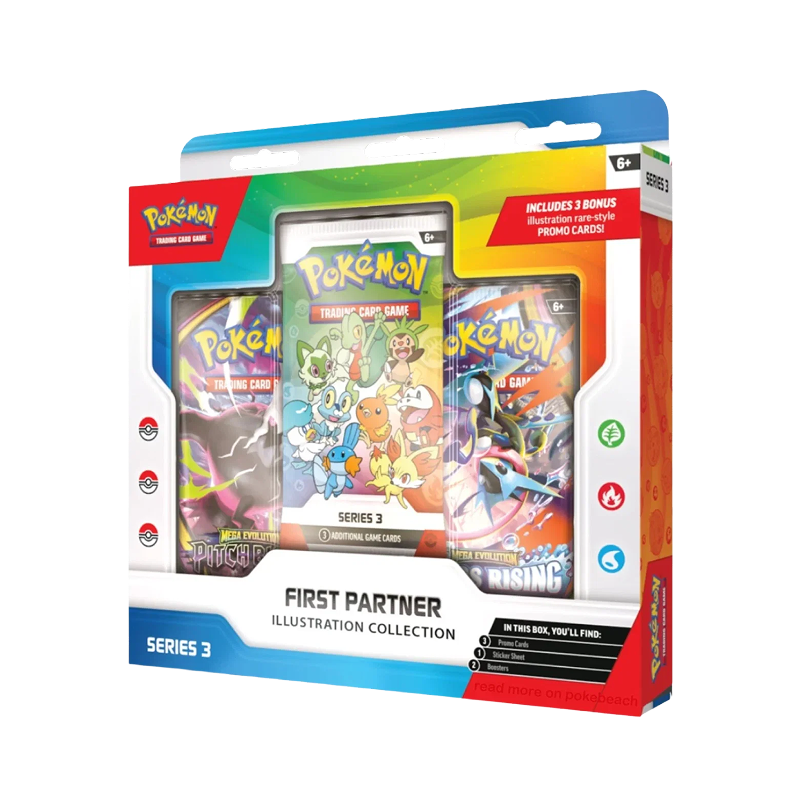 Pokémon TCG First Partner Illustration Collection Series 3 · Sealed blister featuring Hoenn, Kalos & Paldea starters · Includes promo pack and 2 boosters