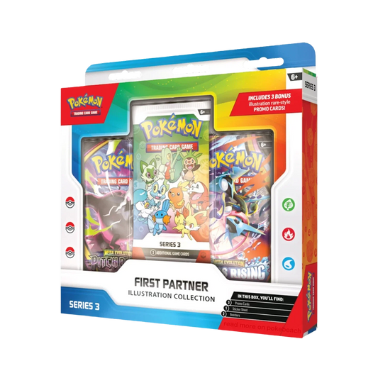 Pokémon TCG First Partner Illustration Collection Series 3 · Sealed blister featuring Hoenn, Kalos & Paldea starters · Includes promo pack and 2 boosters