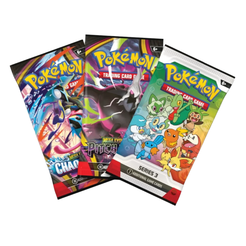 Pokémon TCG First Partner Illustration Collection Series 3 booster packs · First partner promo pack showing 9 starters plus 2 Mega Evolution Chaos Rising packs