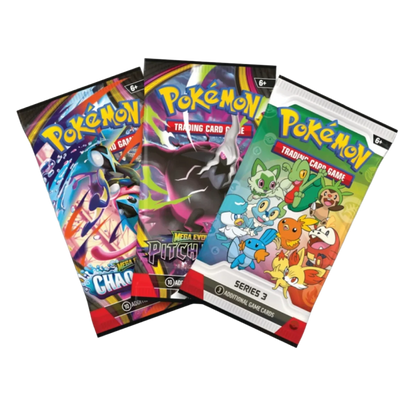 Pokémon TCG First Partner Illustration Collection Series 3 booster packs · First partner promo pack showing 9 starters plus 2 Mega Evolution Chaos Rising packs