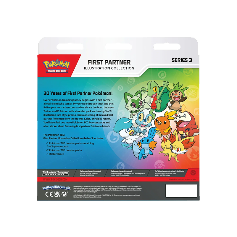 Pokémon TCG First Partner Illustration Collection Series 3 · Back of pack · Featuring Treecko, Torchic, Mudkip, Chespin, Fennekin, Froakie, Sprigatito, Fuecoco, Quaxly