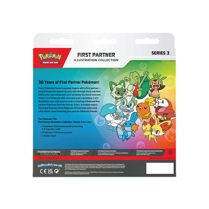 Pokémon TCG First Partner Illustration Collection Series 3 · Back of pack · Featuring Treecko, Torchic, Mudkip, Chespin, Fennekin, Froakie, Sprigatito, Fuecoco, Quaxly